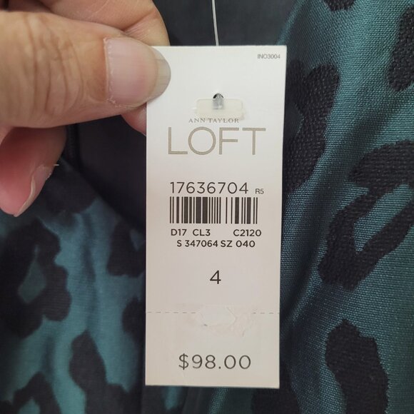 LOFT‎ Dress Womens 4 Green Black Sleeveless Jacquard Animal Print Fit Flare New - Picture 7 of 13